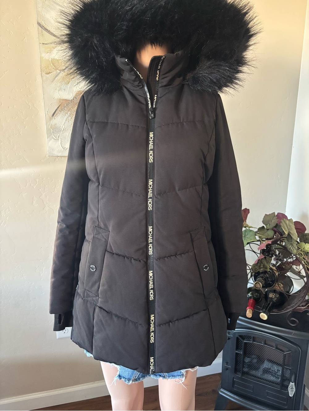 Michael Kors Black Puffer Coat with Faux-Fur Hood Trim